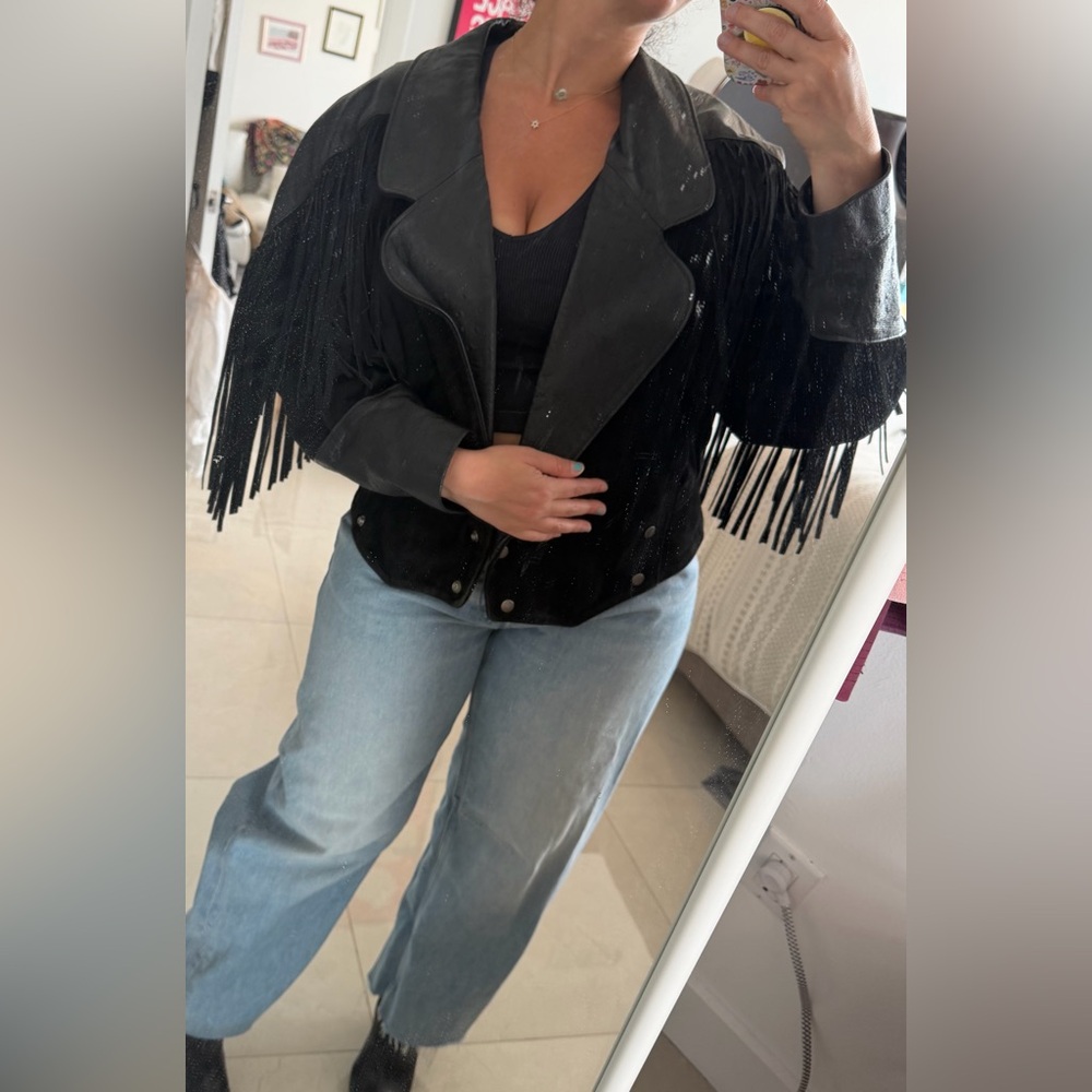 Outerwear by Phoenix Suede Fringed Ostrich Print Leather Vintage Ladies - Picture 3 of 14